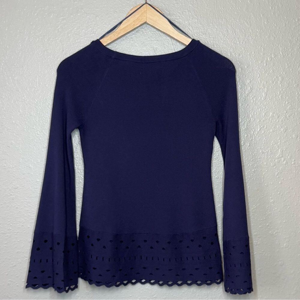 Ramy Brook Diane Sweater Laser-Cut Bell Sleeve Boatneck Navy Size Women's XS - Picture 9 of 9